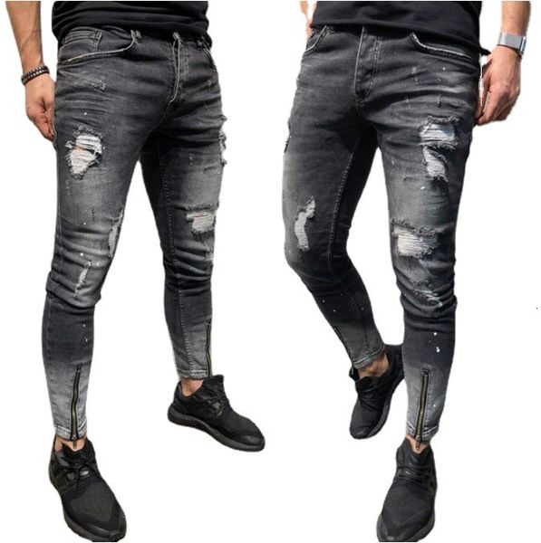 

fashion jeans hole youth's zipper elastic leg men's wear, Blue