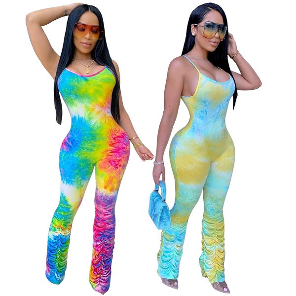 

tie dye jumpsuit women nightclub party outfit rompers stacked pants colorful printed leggings jumpsuit femal, White