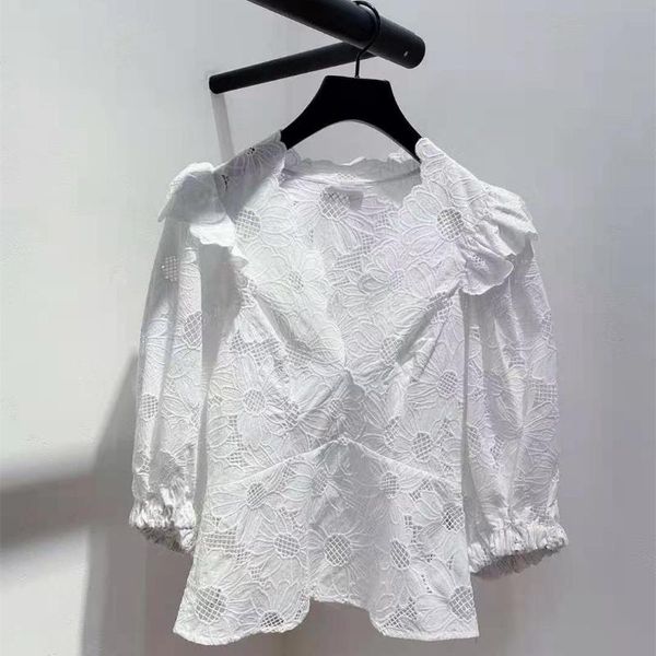 

women's blouses & shirts 2021 summer style crochet embroidery hollow solid color lantern sleeve lace lapel shirt, White
