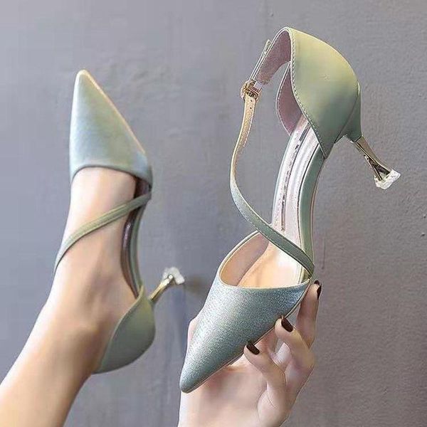 

dress shoes net red one word buckle single women 2021 spring summer wild mid-heel pointed french high heels female stiletto, Black