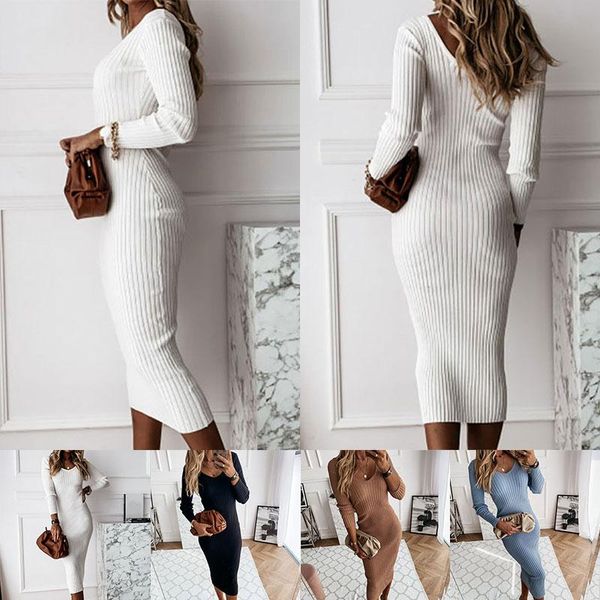 

casual dresses winter wholesale dress v-neck women bodycon knit long sleeve slim solid polyester pencil for full draped mid-calf female, Black;gray