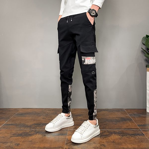 

Thin 2021 New Korean Male Fit Harem Hip Hop Spring Fashion Camouflage Sh Side Pockets Streetwear Casual Pants 4AD6, Black