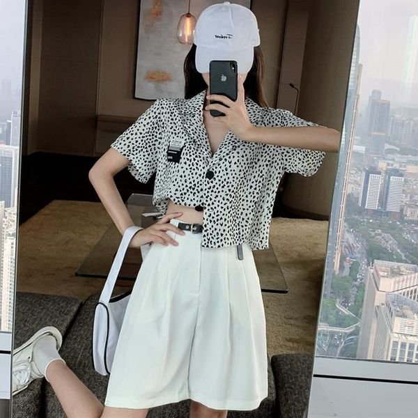 

female shorts sets 2021 korean sweet two pieces sets women matching leopard print blouse and sashes wide leg shorts, Gray