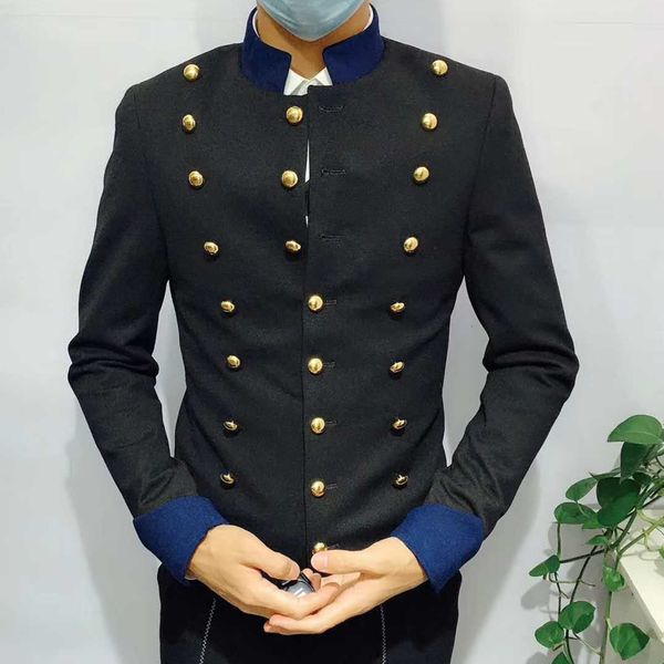 

2021 new golden decoration blue stitched stand collar heavy button for men's british style nightclub slim suit esa4, White;black