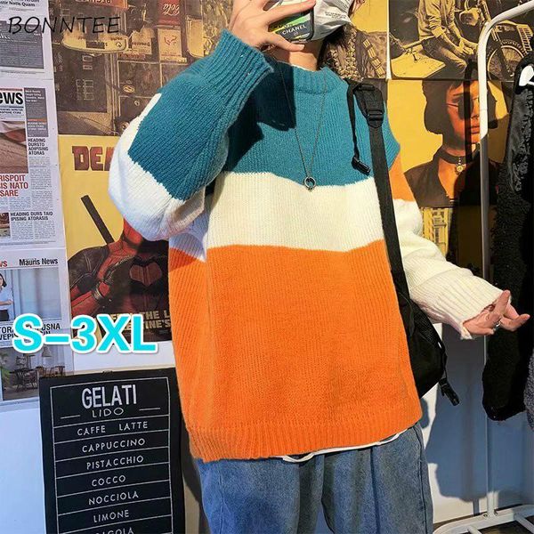 

men pullover plus size 3xl loose oversize striped panelled couples knitted sweater male all-match trendy streetwear cozy clothes, White;black
