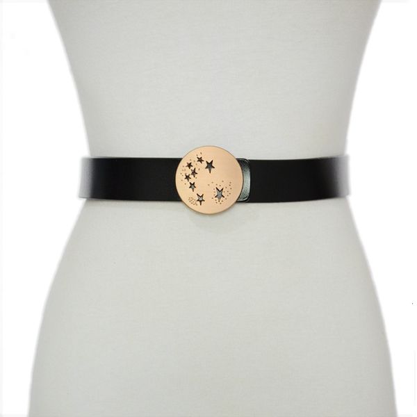 

new style women's belt women's fashion hollow out star decoration round buckle genuine leather belt, Black;brown