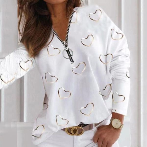 

women's blouses & shirts women blouse love zipper printing long sleeves casual pullover harajuku elegant for, White