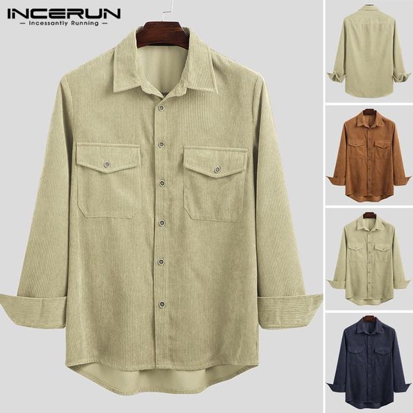 

men's casual shirts incerun 2021 men corduroy shirt solid color harajuku turn down collar retro long sleeve camisas autumn streetwear, White;black