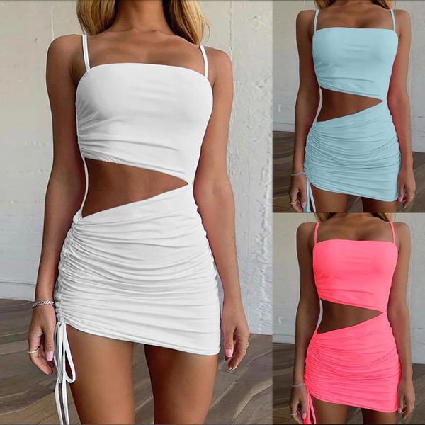

casual dresses 2021 summer temperament high waist tight solid color hollow out drawstring party club dress vestidos de verano, Black;gray