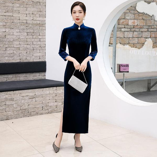 

ethnic clothing female long navy blue velour cheongsam plus size 4xl chinese dress slim autumn winter qipao vintage button vestidos gow, Red