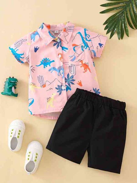 

baby plant and dinosaur print patched pocket shirt & shorts she, White