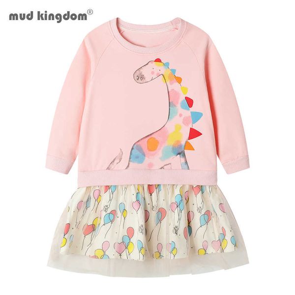 

mudkingdom girls long sleeve dress cartoon dinosaur patchwork sweatshirt dresses for winter clothing 2-7 years 210615, Red;yellow