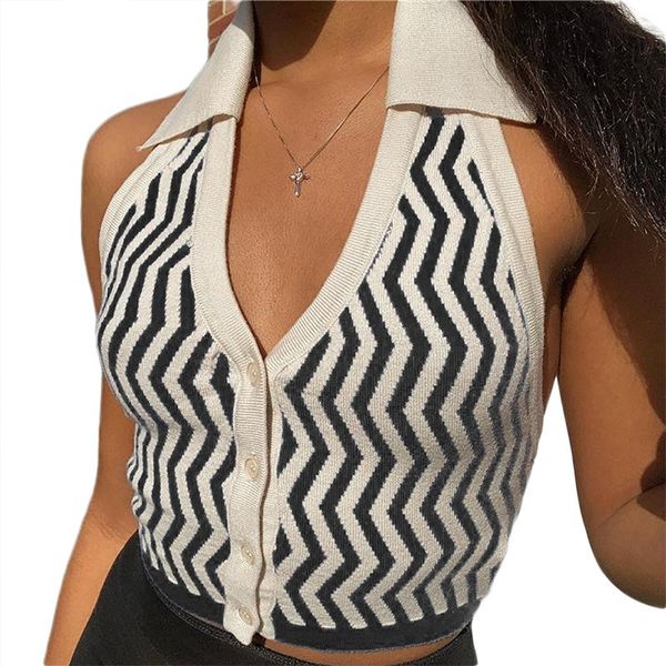 

new fashion summer women's vest, wavy pattern v-neck shirt breasted lapel knitted sleeveless blouse wholesale, White