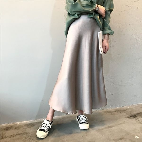 

women silk satin skirt spring autumn new high waist retro long skirt chic style a-line elegant women's skirts elegant ladies 210315, Black