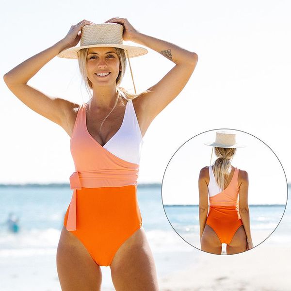 

2021 solid patchwork one piece swimsuit high waist summer backless bathing suit female beach bandage bikini women swimwear