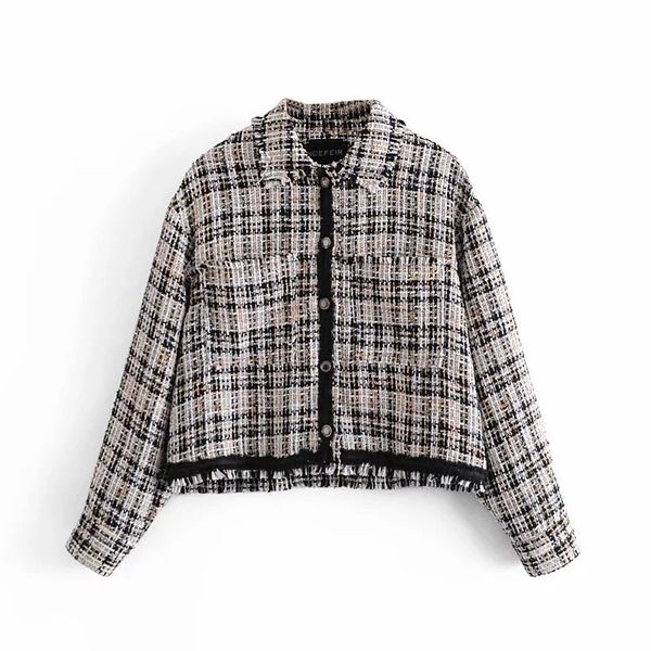 

Checked New Tweed Woman 2021 Spring Vintage Pockets Long Sleeve Plaid Short Female Jacket with Buttons Outerwear Fm1f 6O6W, Black;brown