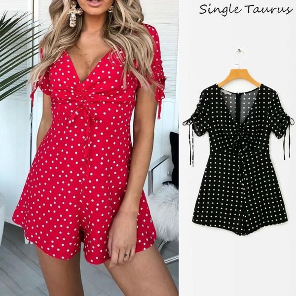 

women's jumpsuits & rompers deep v-neck black jumpsuit women fashion streetwear high waist playsuits short sleeve dot print overall for, Black;white