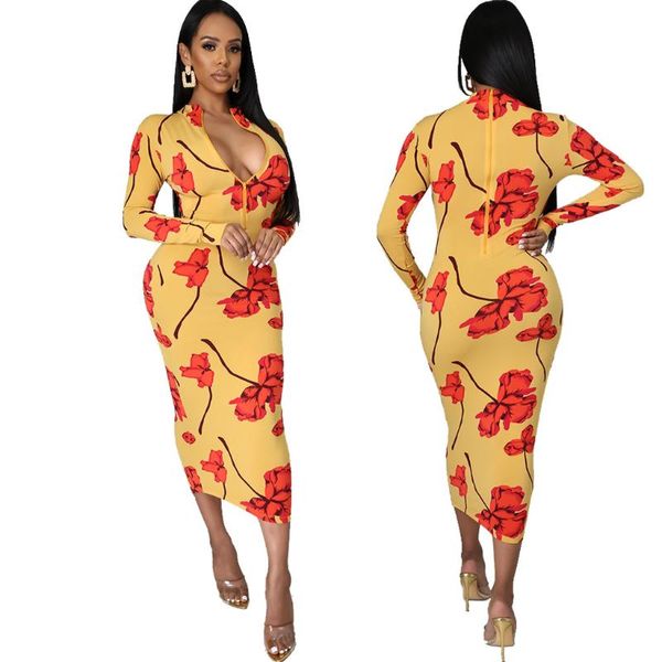 

casual dresses elegant women long sleeve midi dress floral print autumn robe office lady vestidos pack hip bodycon pencil, Black;gray