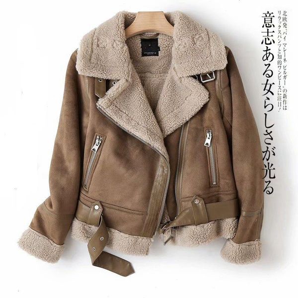 

women's leather & faux lugentolo jacket women fur lapel thickened motorcycle suede one-piece winter streetwear learher coats, Black