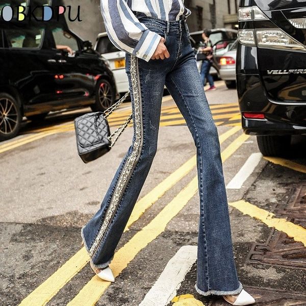Plus Size Fransen Perle bestickt Flare Jeans Frauen Boot Cut Hosen Casual Stretch Skinny Bell Bottom Denim Hosen Streetwear 210222