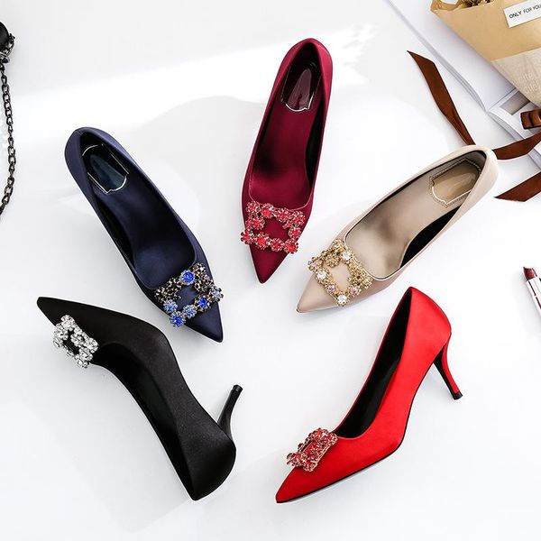 

dress shoes wedding femme square buckle crystal woman pumps pointed toe silk slip on thin high heels shallow shine rhinestone footwear, Black