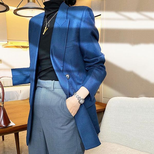 

dboule women blue breasted big size blazer new lapel long sleeve loose fit jacket fashion spring autumn 2021 1dd0426, White;black