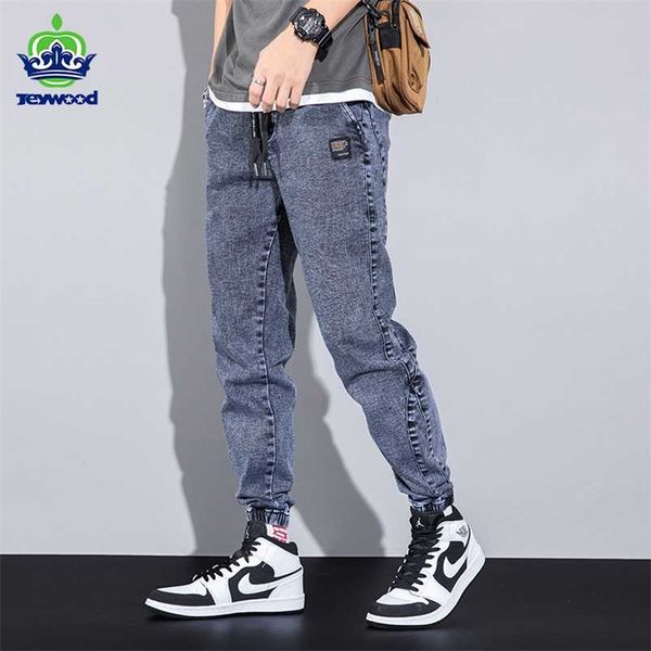 

autumn loose men's jeans text embroidery baggy elastic waist harlan cargo jogger brand trousers male grey large sizes -8xl 220107, Blue