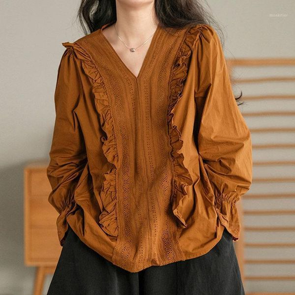 

summer vintage ruffles shirt v-neck full puff sleeve blouses lace loose lady women solid color casual women's & shirts, White