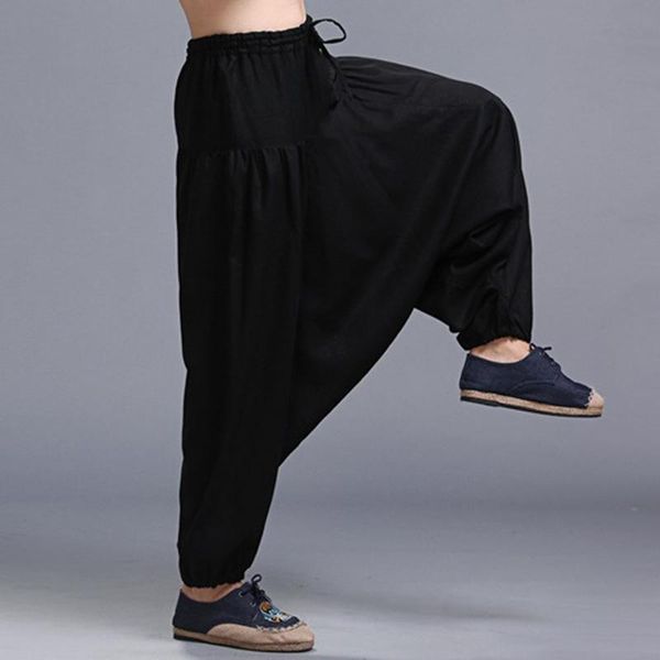 

men's pants #2804 summer black brown casual joggers hip hop men loose thin cotton linen cross-pants harem streetwear