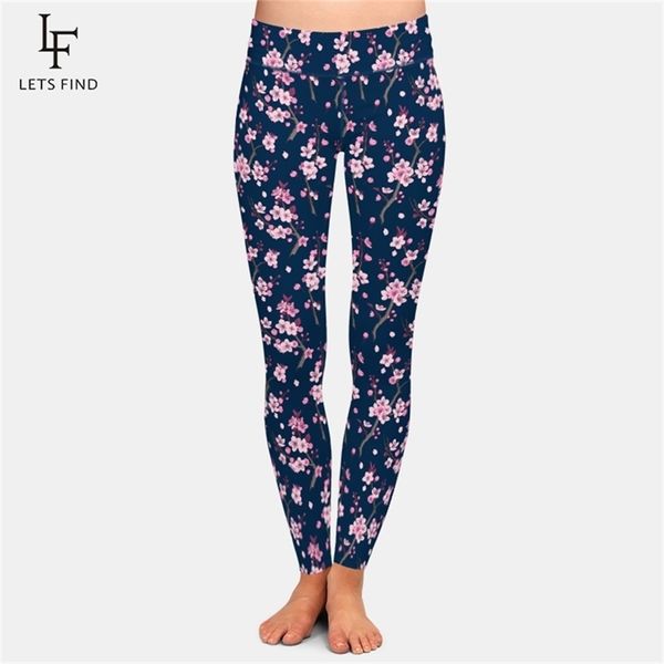 LetsFind Fashion 3D Cherry Blossom Impressão Digital Leggings Cintura alta Plus Size Soft Fitness 211204
