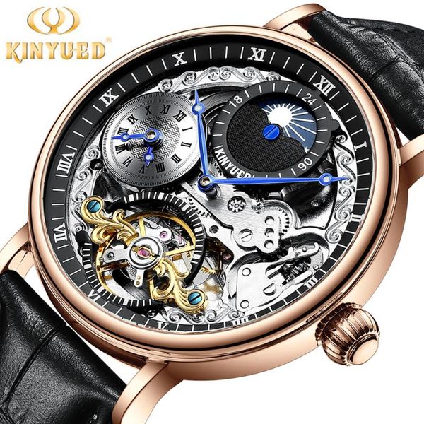 

wristwatches kinyued fashion automatic hollow men's tourbillon mechanical movement watch business luminous waterproof skeleton j073, Slivery;brown