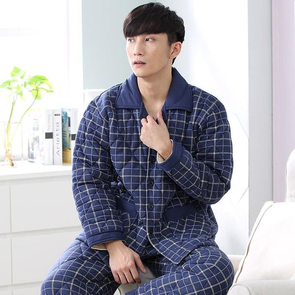 

men blue plaid pajama set winter 3 layer quilted pyjamas suits thick cotton warm sleepwear night suit big size lounge nightwear, Black;brown