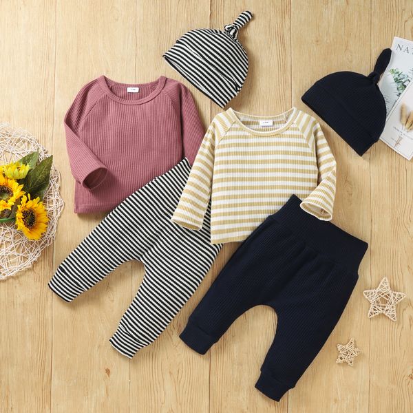 

clothes for newborns 3pcs cotton sets striped long sleeve t-shirt drawstring trousers pointed hat baby clothing 0-24m kids, White