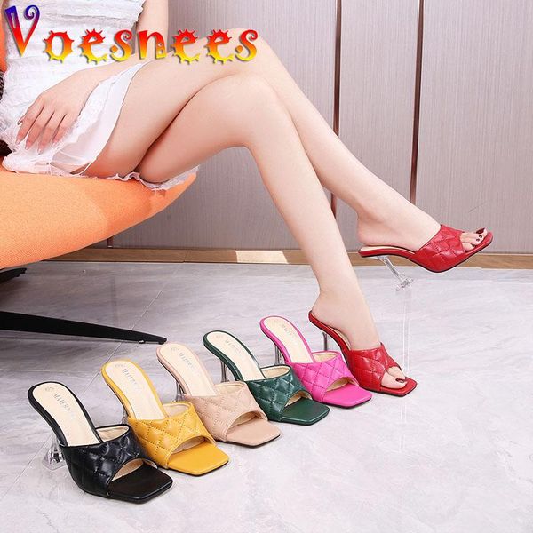 

tidal current candy color womens slippers fashion plaid upper square end peep toe sandals summer woman high-heeled shoes, Black