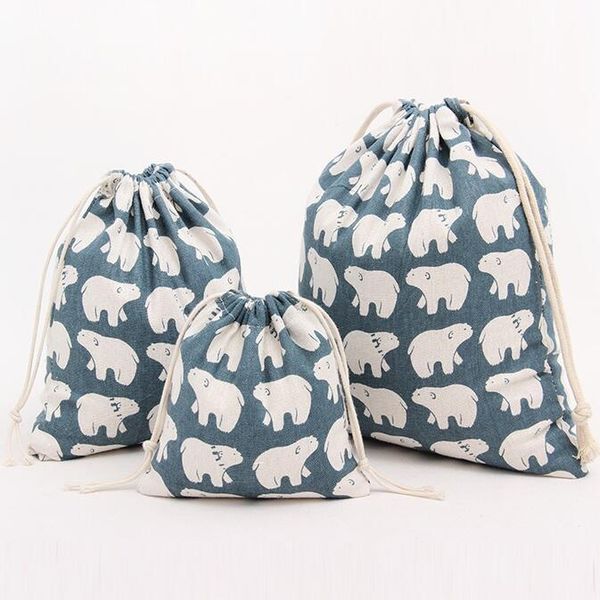 

storage bags 1pcs white bear blue drawstring cotton linen bag gift candy tea jewelry organizer makeup cosmetic coins keys 49017