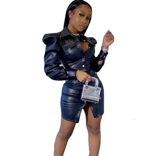 

solid bi-ker plutonium leather dress for puff short sleeve wrap women dressed in winter fashion streetwear dresses nnlu, Black;gray