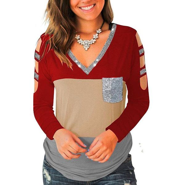 

women's t-shirt women sequin patchwork v neck hollow out long sleeve pocket loose spring summer casual color contrast tees, White