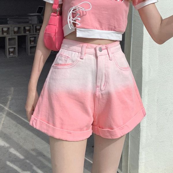 

women's shorts fashion women summer pink gradient jean female a-line high waist loose short pants, White;black