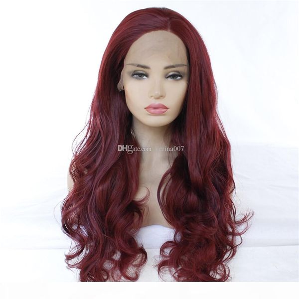 

new burgundy color natural body wave high temperature fiber hair wigs synthetic lace front jerry curly wave hair wig for ladies, Black