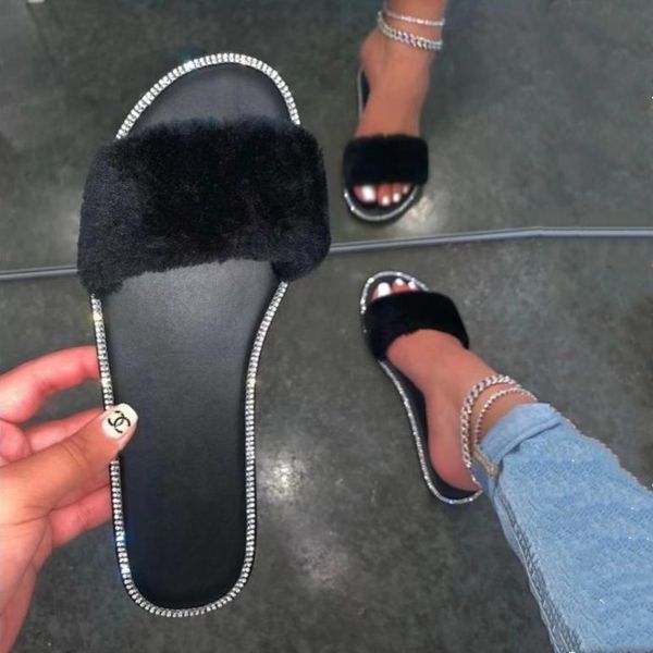 

slippers autumn/winter single layer fur candy color flat rhinestones home non-slip durable outdoor leisure all-match sandals, Black