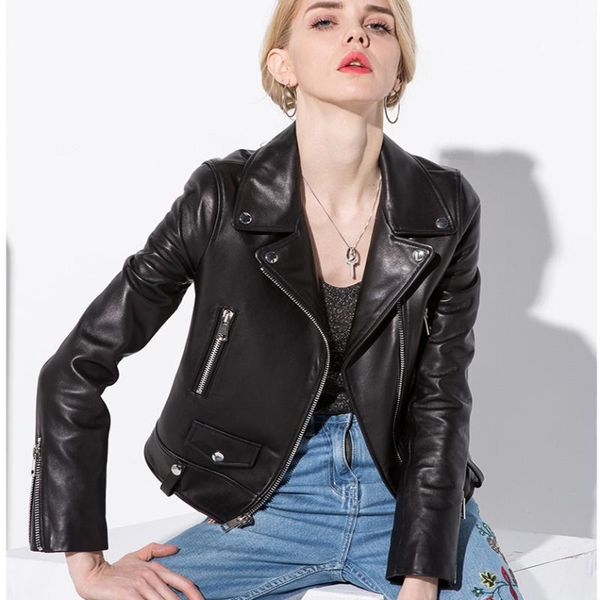 

women's leather & faux 2021 spring autumn fashion real sheepskin coat rivet motorcyc jacket female sheep genuine women a042, Black