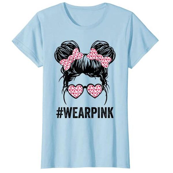 

women's t-shirt womens messy bun glasses wear pink cute breast cancer awareness, White
