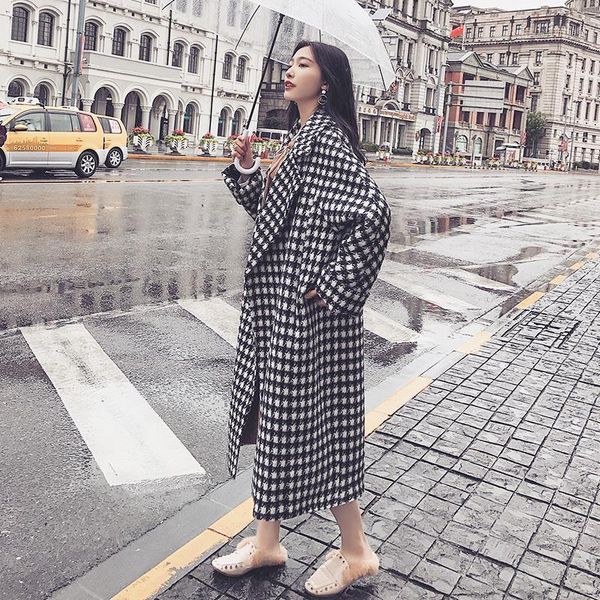 

women's wool & blends women 2021 warm black white plaid outerwear winter coats turn-down collar loose thick long jackets