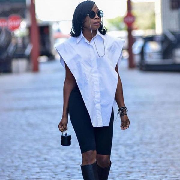 

women's blouses & shirts woman turn-down collar sleeveless side hollow out button casual fashion streetwear shirt, White