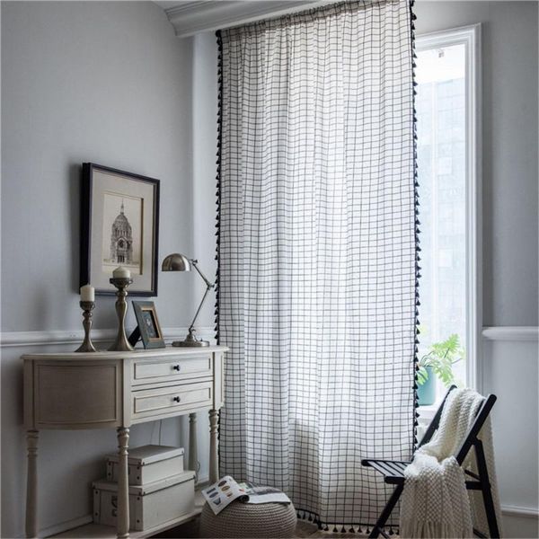 

lattice curtain printing tassel kitchen living room curtain cotton linen semi-shading bay window home decorati