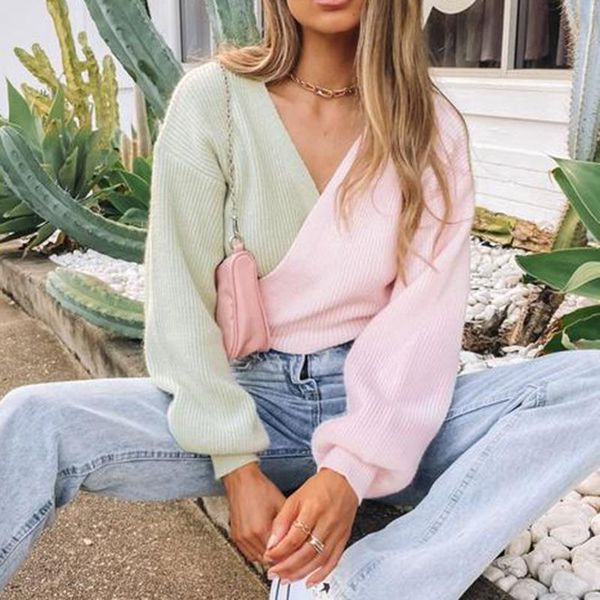 

women's sweaters contrast color stitching cross strap long-sleeved street style loose knitted 2021 autumn and winter sweater pullover, White;black