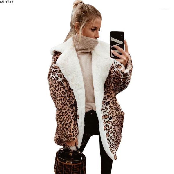 

women's down & parkas cm.yaya 2021 leopard print wool blends straight long coat winter street wear women turn-down collar sleeve casual, Black