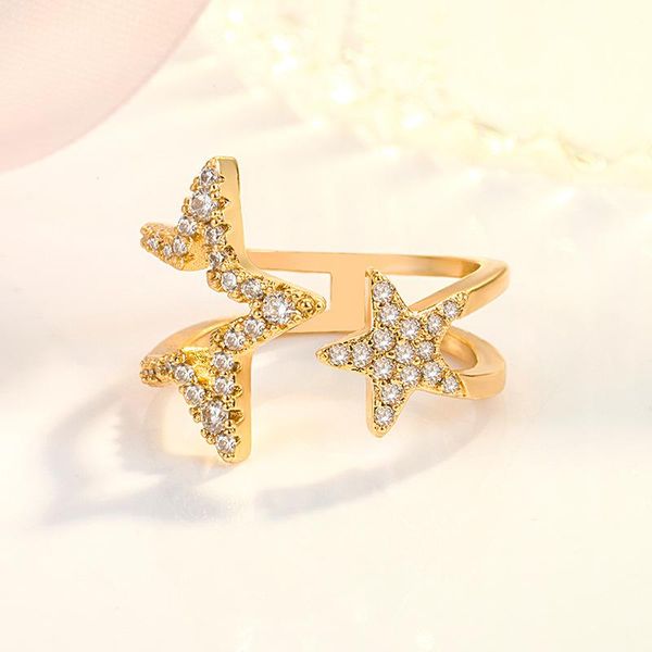 

wedding rings cute female crystal star open big ring rose gold silver color engagement luxury white zircon hollow for women, Slivery;golden