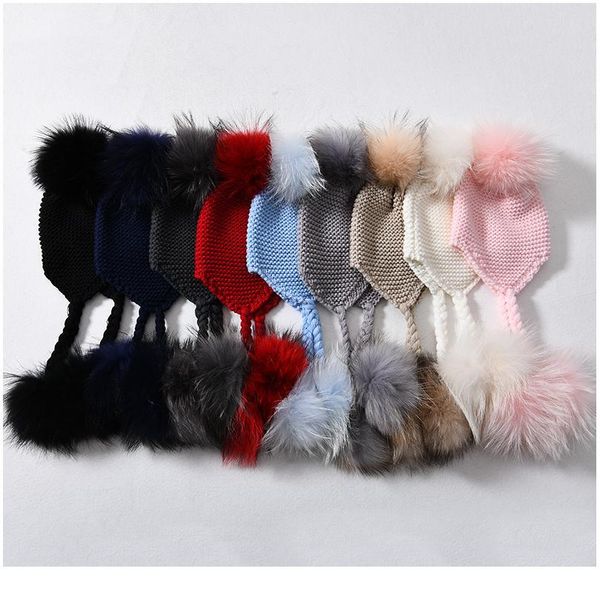 

baby knitted winter hats child real raccoon fur pompom cap kids warm beanies girls boys ears jlleby