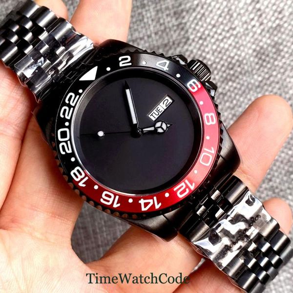 

wristwatches black pvd mechanical automatic mens watch nh36 sterile dial week day/date display sapphire glass jubilee bracelet rotating beze, Slivery;brown